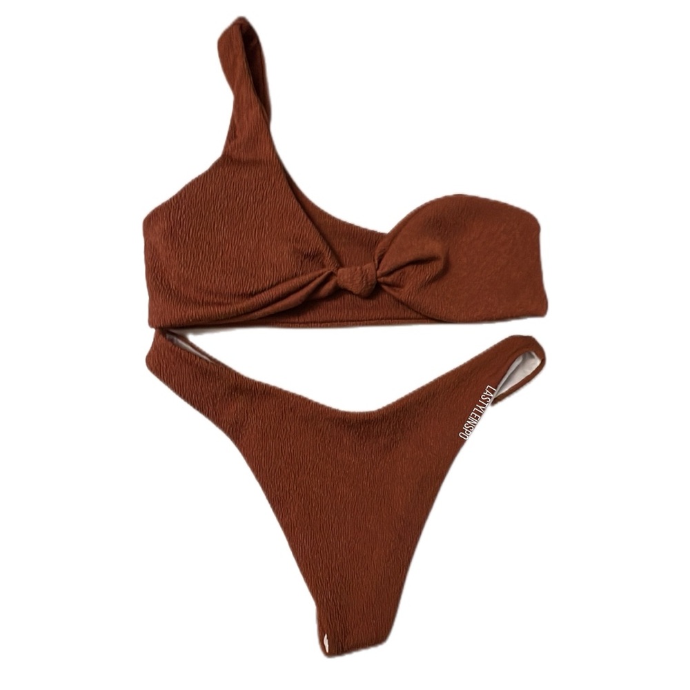 One Shoulder Bow Coquette 2 Pieces Bikini in Brown Size Small